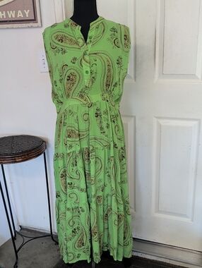 Bohera Leaf Whorl Printed Button Front Sleeveless Midi Dress Women M New